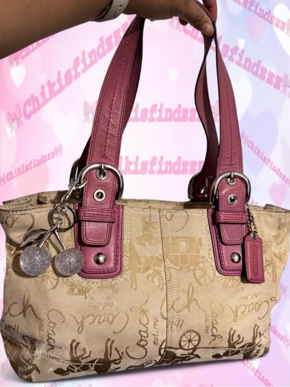 Coach Horse & Carriage Beig Signature Canvas Tote with Pink Leather Trim